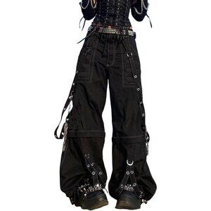 Women Vintage Goth Jeans Polyester Baggy Wide Leg Striped Casual Pants